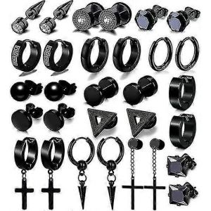 15 Paires De Boucles D'oreilles Pour Hommes,Noir En Acier Inoxydable Boucles D'oreilles Kit De Clous Pour Hommes Femmes Mode Piercing Bijoux Croix Pendante Créole Boucles D'oreilles Ensemble - Neuf