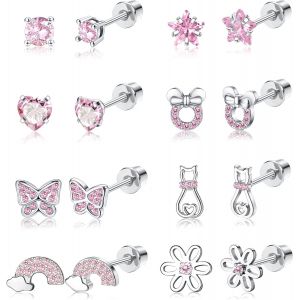 Kal-8 Paires Boucles D'oreilles Hypoallergéniques Pour Femmes Filles Acier Inoxydable 316l Cz Coeur Vis Dos Boucles D'oreilles Fleur Multicolore Papillon Boucles D'oreilles Ensemble - Neuf