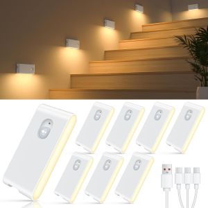 Veilleuse D&eacute;tecteur De Mouvement, Lot De 8 Lampes Led Rechargeables Via Usb, Lumi&egrave;re D&eacute;tecteur De Mouvement Int&eacute;rieur Avec 3 Modes(Auto/Off/On), Lampe Veilleuse Pour Escalier, Couloir, Chambre - Neuf