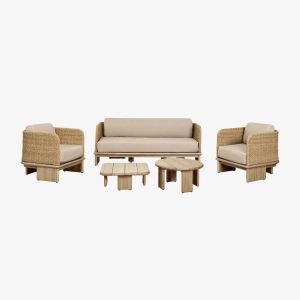 Salon De Jardin Avec Canapé 3 Places, 2 Fauteuils Et 2 Tables Basses En Rotin Et Bois D'acacia Famara Acacia Marron Clair - Neuf
