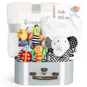 Cadeau De B&eacute;b&eacute; Ensemble Pour Les Nouveau-N&eacute;s, En Noir Et Blanc &Agrave; Contraste &Eacute;lev&eacute; Jouets, B&eacute;b&eacute; Hochet, Des Chaussettes, Des &Eacute;l&eacute;phants Couverture, Onesies, Panier Cadeau Pour Les Gar&ccedil;ons Et Les Filles - Neuf