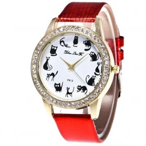 Zhoulianfa Femmes Tendance Chat Motif Affichage Analogique Mouvement Quartz Montre-Bracelet (Rouge) - Neuf