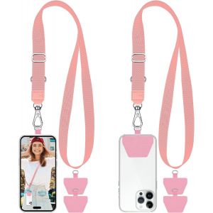 KAL-Lot De 2 Cordons Tour De Cou R&eacute;glables Pour T&eacute;l&eacute;phone Portable Avec 4 Attaches Adh&eacute;sives, Compatible Avec Iphone, Samsung, Huawei Et La Plupart Des Smartphones, Noir Et Gris, Rose, 53-78Cm - Neuf