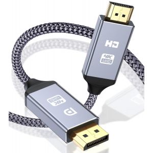 Câble DisplayPort vers HDMI 4K,Display Port HDMI,DP vers HDMI Cable Adaptateur en Nylon Tressé Compatible avec Ordinateur,AMD,Lenovo,HP,Dell,Asus et Autres (1.5m,gris) - Neuf