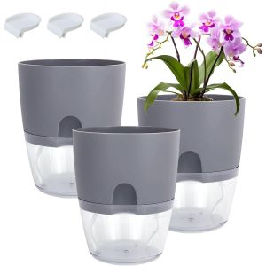 ERYI-Lot De 3 Pot De Fleur Interieur Pot Auto Arrosant Pot Plante Avec Trous De Drainage Et Système D'Arrosage Pot Reserve D'Eau Petit Pots De Fleurs En Plastique Pour Végétaux Pot Herbes (Gris) - Neuf