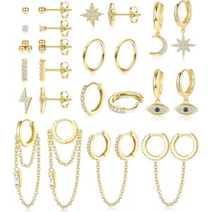 12paires Petite Boucles D'oreilles Femme Acier Innoxydable Étoile Lune Mini Boucles D'oreilles Creoles Pendantes Avec Chaîne Hypoallergénique Zircon Creoles Or/Argent[Bou9240027] - Neuf