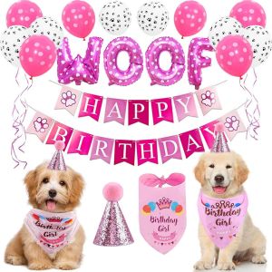 Cauc-D&eacute;corations De F&ecirc;te D'anniversaire Pour Chien, Kit De F&ecirc;te D'anniversaire Pour Animaux De Compagnie,Anniversaire F&ecirc;te D&eacute;cor Ballons Pour C&eacute;l&eacute;brer L'anniversaire Du Chien Avec Banni&egrave;re (Rose) - Neuf