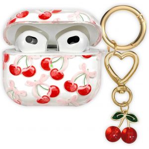 LORANKA-Compatible avec Coque AirPods 3 2021,Coque en TPU Souple avec Motif Floral pour AirPods 3&egrave;me G&eacute;n&eacute;ration, avec Porte-cl&eacute;s Fleuri et Mousqueton pour Filles et Femmes (Cerise) - Neuf