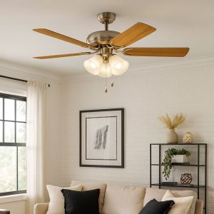 Ventilateur De Plafond Avec &eacute;clairage Mode &eacute;t&eacute; Hiver Ventilateur Interrupteur &agrave; Tirette Plafonnier Argent&eacute; Pales R&eacute;versibles Ch&ecirc;ne Argent&eacute;, 3x E27, Dxh 132 X 47,4 Cm - Neuf