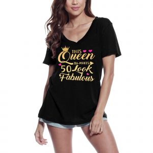 Femme Tee-Shirt Col V - This Queen Makes 50 Look Fabulous - 50th - 50 Ans T-Shirt Graphique Id&eacute;e Cadeau 50e Anniversaire Vintage Ann&eacute;e 1974 Nouveaut&eacute; - Neuf