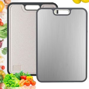 Planche &Agrave; D&eacute;couper Pour La Cuisine - Planche &Agrave; D&eacute;couper Double Face En Acier Inoxydable 304 De Qualit&eacute; Alimentaire Et Paille De Bl&eacute; Pp - Grande Taille : 38,5 X 26,5 Cm - Facile &Agrave; Nettoyer - Neuf