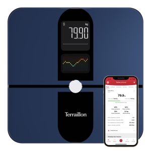 Color Connect - Balance Connectée Bluetooth, Fréquence Cardiaque, Masses:Graisseuse-Musculaire-Hydrique-Osseuse, Imc, Capacité 180 Kg, Graduation 50G, Ecran Multi Affichage Couleur, Bleu - Neuf