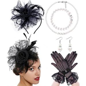 Kalvd-Ensemble Bijoux Élégant Bibi Plumes Voilette Gants Dentelle Collier Bracelet Boucles Perles Accessoires Cérémonie Mariage - Neuf