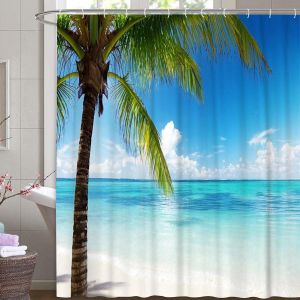 Rideau de douche design 180 x 200 cm Motif tropical de mer, de plage, de palmiers, de textiles, de ciel, de nuages, résistant à la moisissure, vert, bleu, océan, surf, vacances, détente avec 12 anne - Neuf