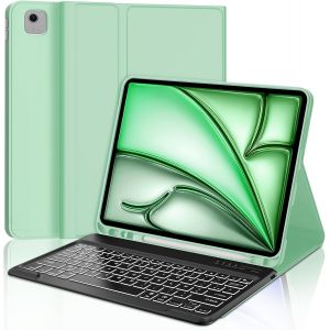Coque Clavier Pour Ipad Air 13"" (M3/M2) 2025/2024, Azerty Fran&ccedil;ais Clavier R&eacute;tro&eacute;clair&eacute; Magn&eacute;tique D&eacute;tachable Bluetooth Pour Ipad Air 13 Pouces (M2/M3) 2024/2025, Vert Clair - Neuf