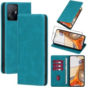 Kal-Coque Cuir Pour Xiaomi 11t/Xiaomi 11t Pro 5g Avec 1 Verre Trempé Etui À Rabat En Pu Porte-Cartes Portefeuille Support Flip Housse Magnétique Antichoc Anti-Rayures Case 6.67"",Bleu Clair - Neuf