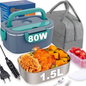 Gamelle Chauffante 80w Pour Voiture Et Camion Et Bureau Lunch Box &Eacute;lectrique 3 En 1 Acier Inoxidable 12v 24v Et 230v - Bo&icirc;te &Agrave; Repas 1,5l Avec Gris Sacs Isolants(Bleu) - Neuf