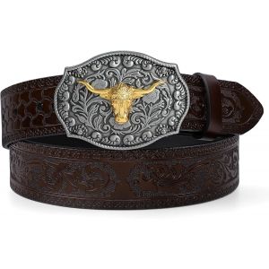Cauc-Ceinture Western Pour Hommes Et Femmes Cowgirl Cowboy Grav&eacute;e En Relief Tooled Ceinture En Cuir Avec Boucle Pour Pantalon En Jean Rodeo - Neuf