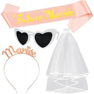 Mevronisshop-4 Pi&egrave;ces Accessoire Evjf &Eacute;charpe Future Mari&eacute;e Voile Blanc Couronne Serre-T&ecirc;te Mari&eacute;e Or Rose Lunette Coeur Kit Enterrement De Vie De Jeune Fille Pour F&ecirc;te Evjf D&eacute;guisement Mariages Fian - Neuf