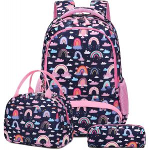 Cartable Primaire Fille Sac à Dos Scolaire Sac à Dos Arc-en-ciel Enfant Filles Sacs d'école pour Filles Cartable Fille,3 en 1 Sacs Scolaire avec Sac à Lunch et Trousse - Neuf