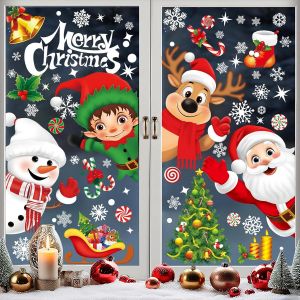 CAUC-268 Autocollants Fen&ecirc;tre D&eacute;coration de No&euml;l, Stickers avec Motif P&egrave;re No&euml;l, Flocons de Neige, D&eacute;cor pour Fen&ecirc;tre en PVC R&eacute;utilisable pour Chambre D'enfant, Vitrine, Vitre Porte - Neuf