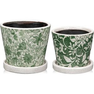 Lot de 2 pots de fleurs ronds en céramique avec trous de drainage et soucoupes-Petit pot en céramique pour plantes succulentes,cactus,intérieur et extérieur,jardin,maison,rebord de.[N1] - Neuf