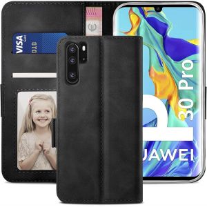 KALANKA-Coque pour Huawei P30 Pro avec 1 Pièces Verre Trempé, Housse en Cuir Premium PU Portefeuille pour Huawei P30 Pro New Edition avec Fentes pour Cartes, Coque pour Huawei P30 Pro, Noir - Neuf