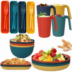Ulteronixshop-Kit De Vaisselle Incassable, Assiettes Et Bols De Camping Pour 4 Personnes, En Plastique L&eacute;ger, Couverts De Camping Comprenant Assiettes, Bols, Tasses, Couverts Pour Pique-Nique, Fermet - Neuf