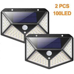 Lampe solaire extérieure 100 LED 270o Détecteur de mouvement Applique murale solaire de sécurité (paquet de 2) - Noir - Neuf