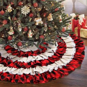 Jupe de sapin à carreaux Buffalo de 48 pouces, jupe de sapin à carreaux Buffalo rouge et noir avec volants à 6 couches, jupe de sapin de Noël en toile de jute pour les vacances de Noël - Neuf