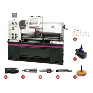 Tour &agrave; m&eacute;taux hauteur des pointes 200 mm entre-pointes 1000 mm al&eacute;sage 53 mm 2,3 kW 400V avec accessoires essentiels Optiturn TM4010D PACK - Neuf