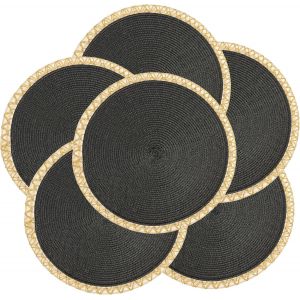 Eryi-Sets De Table Tressés Ronds Lot De 6 Tapis De Table Noir Avec Bordure Dorée 34cm Sets De Table Tissés Pour La Cuisine Napperons Antidérapant Pour Salle À Manger Maison - Neuf