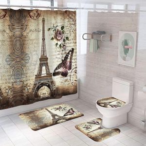 Lot de 4 rideaux de douche Tour Eiffel avec tapis antidérapant, abattant de WC et tapis de douche, rideaux de douche papillon imperméables avec 12 crochets, style nostalgique - Neuf