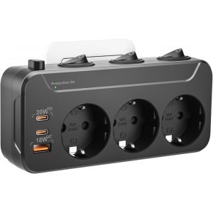 Prise avec Interrupteur Individuel, Prise Multiple Murale avec USB C Charge Rapide PD20W, Multiprise 3 Prises parafoudre et surtension, Triplette Electrique Rotation Hhorizontale et Verticale, Noir - Neuf