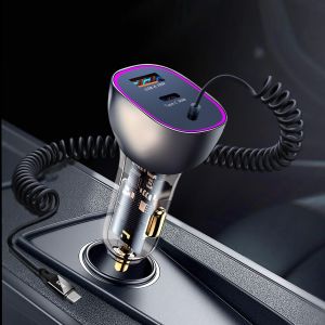 SJZG-Dernier Chargeur Voiture Usb C, 90W Super Rapide Allume Cigare Usb C Prise 3 Ports Pd3.0 & Qc3.0 Avec 1,5 M Rapide Type C C&acirc;ble Spiral&eacute;, Allume Cigare Pour Iphone 15 Samsung S23 Macbook Etc. - Neuf