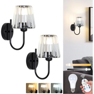 Subzonal-Lot De 2 Appliques Murales Rechargeables &Agrave; Piles Avec Ampoule Usb Et T&eacute;l&eacute;commande, Appliques Murales Noires &Agrave; Piles Avec Abat-Jour En Verre, Lampe Murale D'int&eacute;rieur Sans Fil En Cristal Pour - Neuf