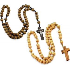 Kal-2pcs Unisex Chapelet En Bois D'olivier De Jérusalem - Chapelets Catholiques En Bois Faits À La Main - Bijoux Religieux Avec Croix(Couleurs Sombres Et Bois) - Neuf