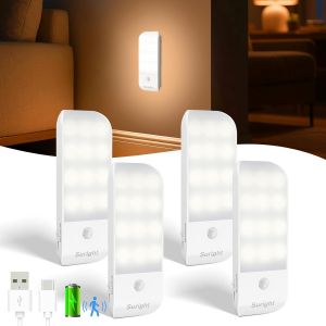 Kalsw-Veilleuse Avec D&eacute;tecteur De Mouvement,Lot De 4 Veilleuse Led Rechargeable Type-C Avec 3 Modes D'&eacute;clairage,Lampe De Placard Avec Bande Magn&eacute;tique Pour Armoire,Couloir,Escalier,Cuisine,Blanc Chau - Neuf