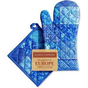 ERYI-Gant De Four + Maniques 100 % Coton, Gants De Cuisine Résistants À La Chaleur (19 X 33 Cm) Et Maniques (20 X 20 Cm) Pour Cuisine, Barbecue, Indigo Love - Printemps/Été - Neuf