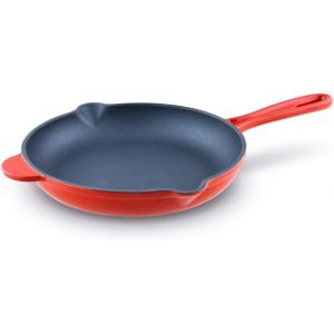 KALANKA-Poêle à Frire en Fonte Rouge 24cm Ronde Avec Becs Verseurs, Skillet Antiadhésive, Induction Pour l'extérieur et l'intérieur, Gaz Cuisinière Electrique Four Grill, Poêle Inrayable - Neuf