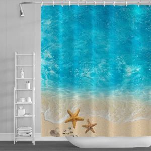 Rideau de douche et de baignoire r&eacute;sistant &agrave; la moisissure, 180 x 200 cm, magnifique tissu imprim&eacute; imperm&eacute;able, 12 crochets, robuste et facile &agrave; installer (Oc&eacute;an) - Neuf