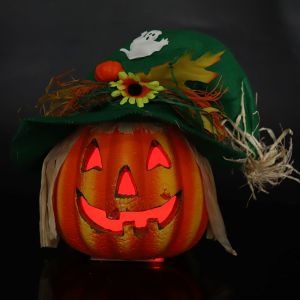 Hjlian Lanterne Citrouille A Led Avec Chapeau Et Ornement Floral Pour Decoration De Fete D'halloween - Neuf