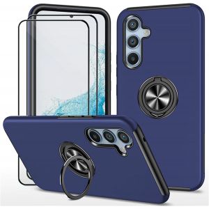 Kal-Coque Pour Samsung Galaxy S24+ Plus 5g (6.7") Et 2 Pièces Verre Trempé Housse Etui Support De Bague Résistant Aux Chocs Résistant Aux Rayures Pc Silicone Heavy Duty Robuste Durable- Bleu - Neuf