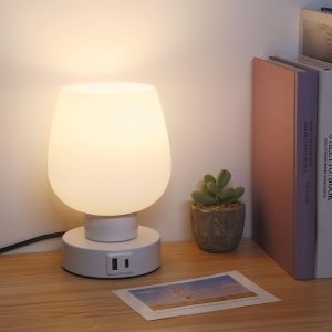 Eryi-Lampe De Chevet Tactile De Bureau Moderne Et Portable Lampe Chevet Pour Chambre À Coucher Enfants Lecture Table Nuit, Tactile 3 Couleurs Avec Ports Usb C Et A, Abat-Jour En Verre Blanc Laiteux - Neuf