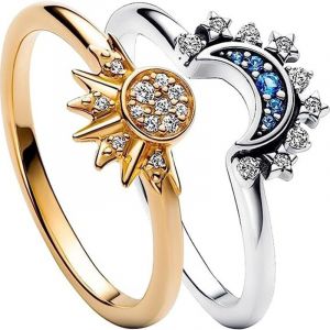 Bague Soleil Et Lune (Or), 2 Pièces, Motif Soleil Et Lune Scintillant, Bague Or/Argent, Bague En Forme De Lune Et De Soleil, Bague D'amitié, Pour Femmes Et Couples - Neuf