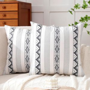 CAUC-Housses de Coussin D&eacute;coratives Boh&egrave;mes 45 x 45 cm en Velours &agrave; Rayures Blanches avec Fermeture &eacute;clair Invisible pour Canap&eacute; Chambre Salon Style Lot de 2 - Neuf