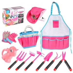 Ensemble de 11 outils de jardinage pour enfants comprenant un sac fourre-tout, une pelle, un rateau, une fourchette, un tablier, des gants, un arrosoir, des jouets d'exterieur, un cadeau pour garcons et filles - Neuf