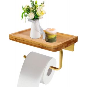 Porte Papier Toilette,Porte Papier Toilette avec Etagère en Bois,Support avec Plateau,Support Papier Toilette Mural avec Plateau Derouleur Papier Toilette Murale pour Toilettes,Salle de Bain,Doré - Neuf