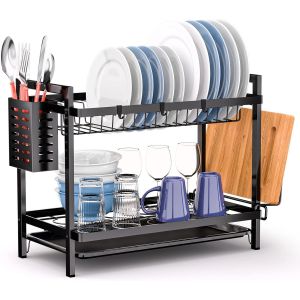 Eryi-® Egoutoire Vaisselle Cuisine 2 Niveaux, Egouttoir Vaisselle Inox Avec Porte-Ustensiles Et Bac D'égouttement, Grand Egouttoir Evier Convient Pour Une Famille De 4-5 Personnes - Neuf