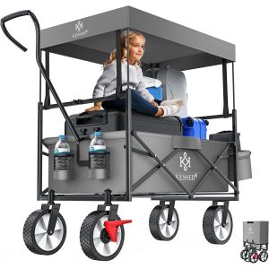 Chariot De Transport Pliable Avec Toit | Charrette À Bras | Chariot À Roulettes | Remorque De Transport | 2 Poches En Mesh Et Une Poche Extérieure Fournies | Pliable (Marine Bleu) - Neuf